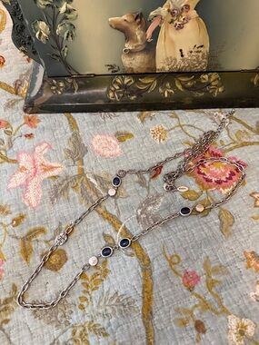 Chico's Silver-Tone Layered Necklace with Navy Stones and Clear Accents